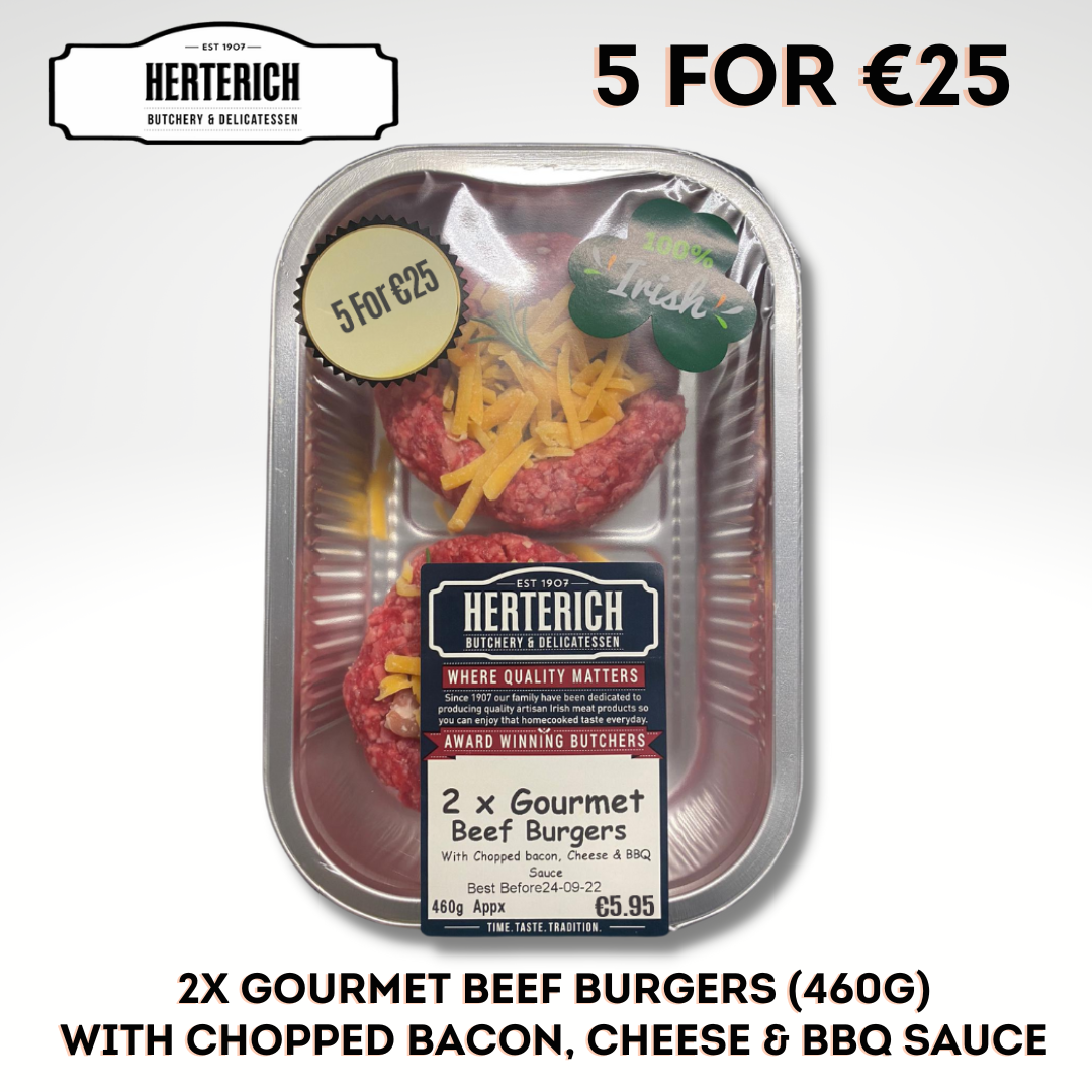 Packaged gourmet beef burgers with chopped bacon, cheese, and BBQ sauce, branded by HERTICH, with a promotional label stating '5 for €25'.