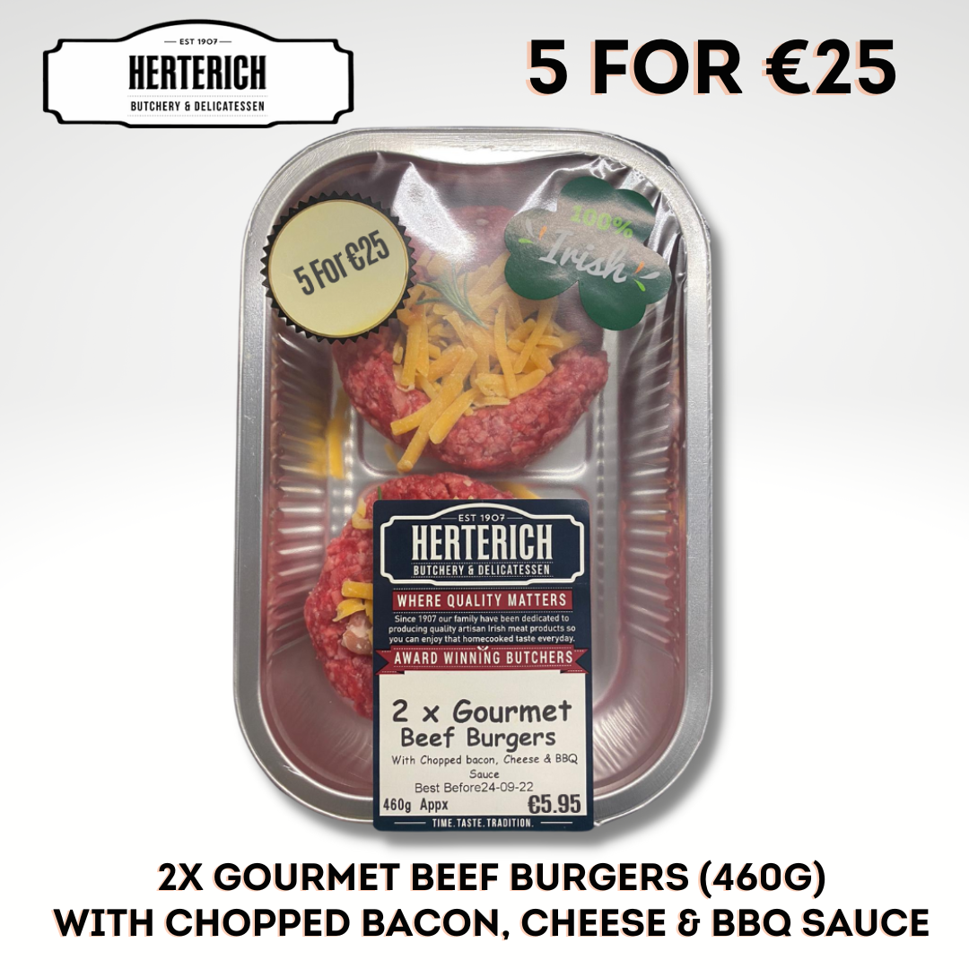 100% Irish Gourmet Beef Burgers with Chopped Bacon, Cheese & BBQ Sauce (2 per pack 460g)