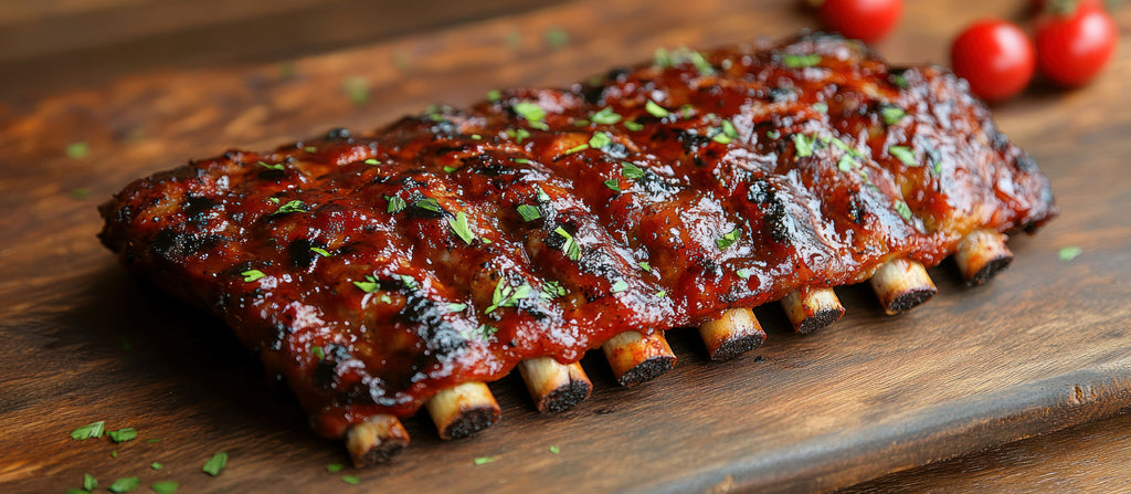 BBQ Loin Pork Ribs on a wooden cutting board with cherry tomatoes