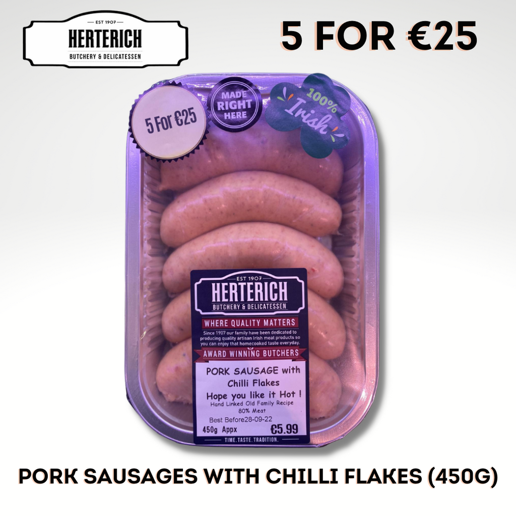A pack of Herterich Pork Sausages with Chilli Flakes 