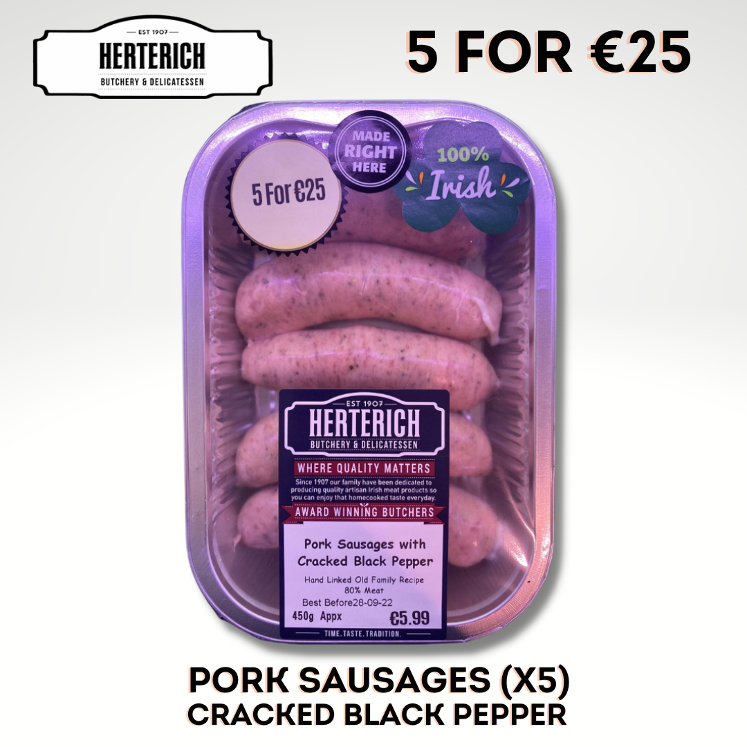 Packaging of Heterich pork sausages with cracked black pepper. The pack contains five sausages and is labeled as '100% Irish'.