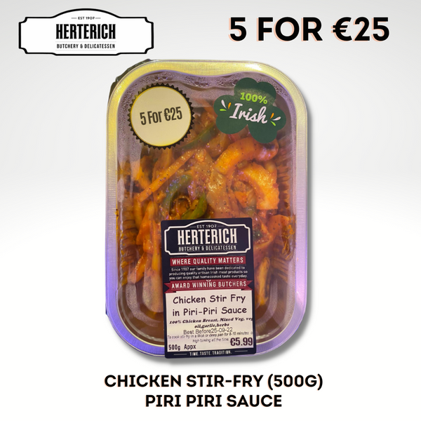 Packaged Piri Piri Chicken Stirfry in a tray with visible pieces of chicken, peppers and sauce, branded by Herterich Artisan Meats, with a label stating '100% Irish'.