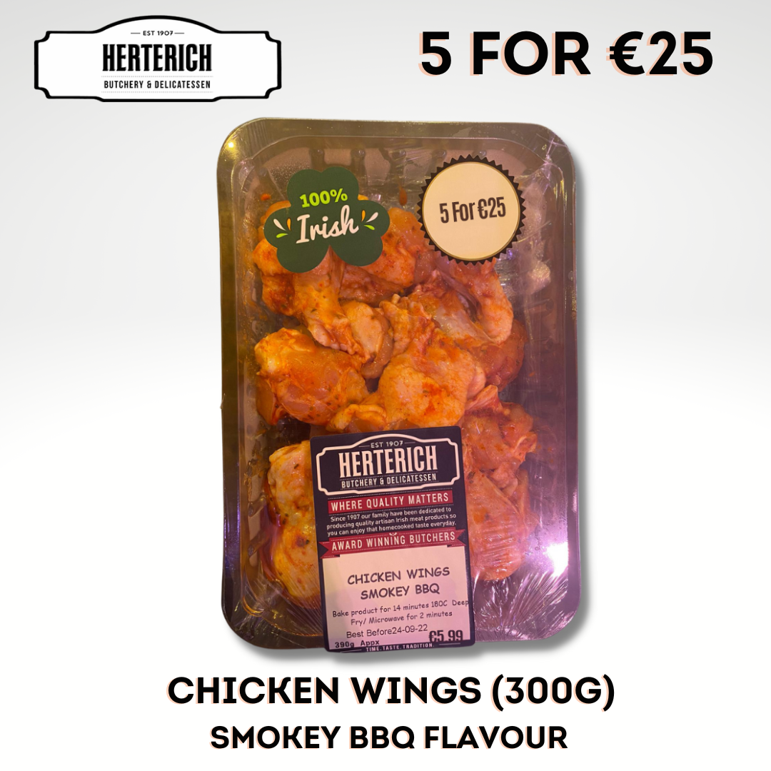 Packaged Smoky BBQ Chicken Wings in a plastic tray, labeled as 100% Irish and having a weight of 300g.