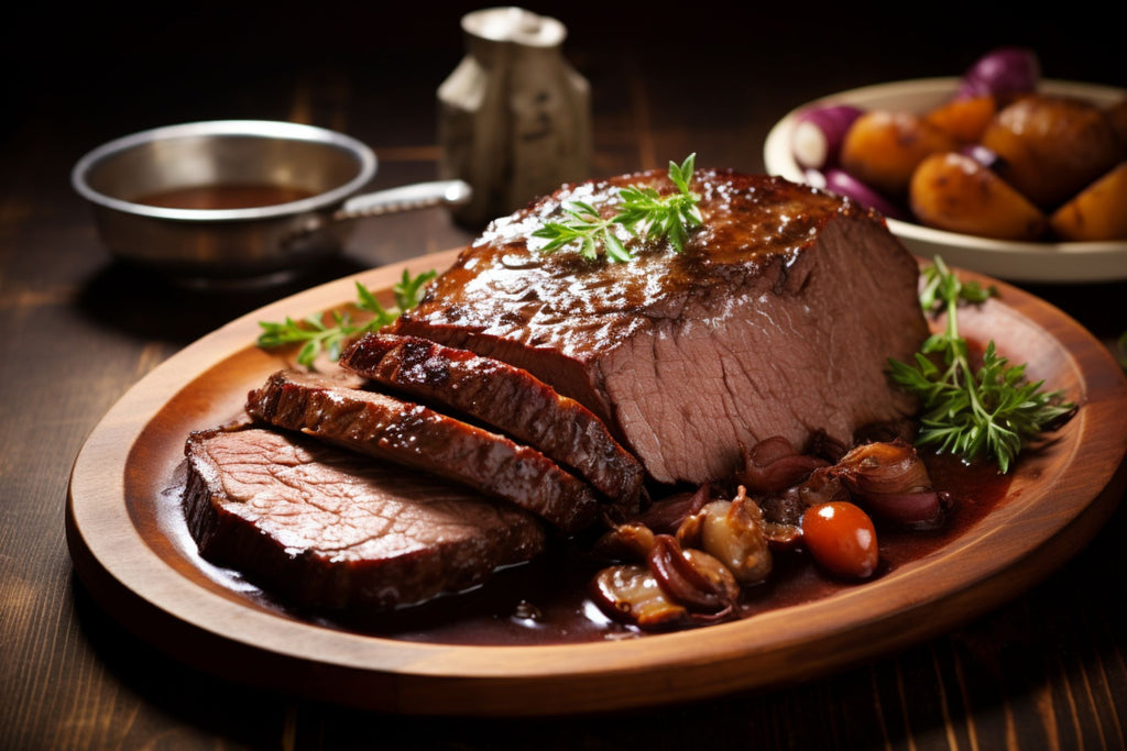 Sliced roast beef on a wooden platter with garnishes on a dark wooden table.