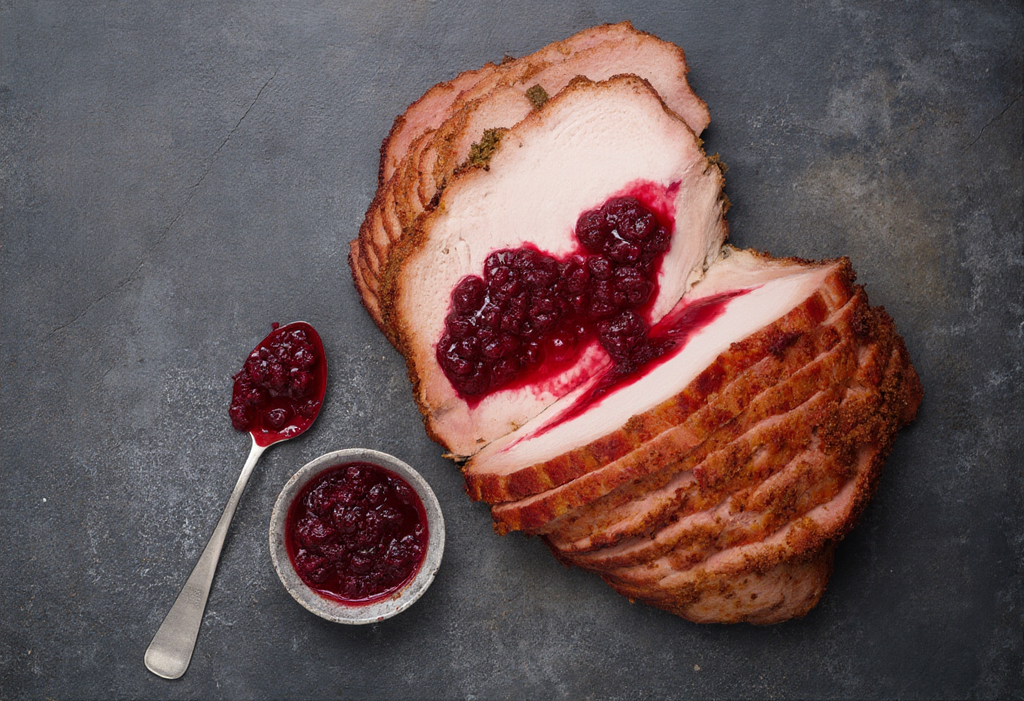 Sliced turkey with cranberry sauce on a dark surface