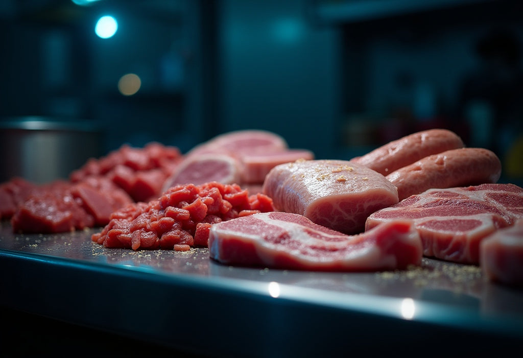 A dimly lit, moody photo of beef mince, diced beef, chicken fillets, sausages, a bacon joint, bacon rashers, peppered pork chops, and pork chops displayed on a stainless steel butcher's table, with a single spotlight highlighting the textures.