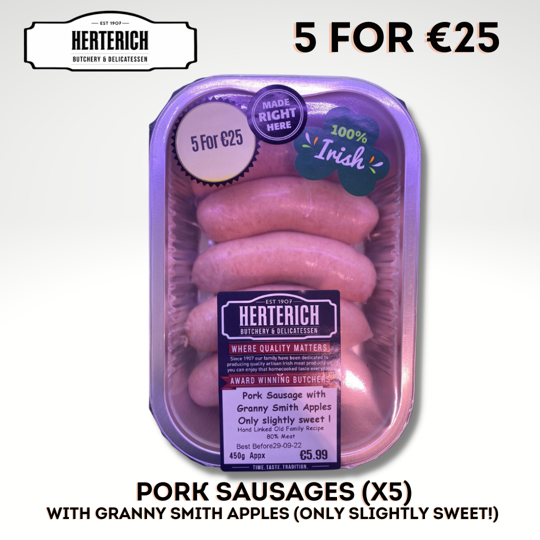 Packaging of Heiterich pork sausages with granny smith apples, indicating 5 sausages per pack and a price of 5 for €25.
