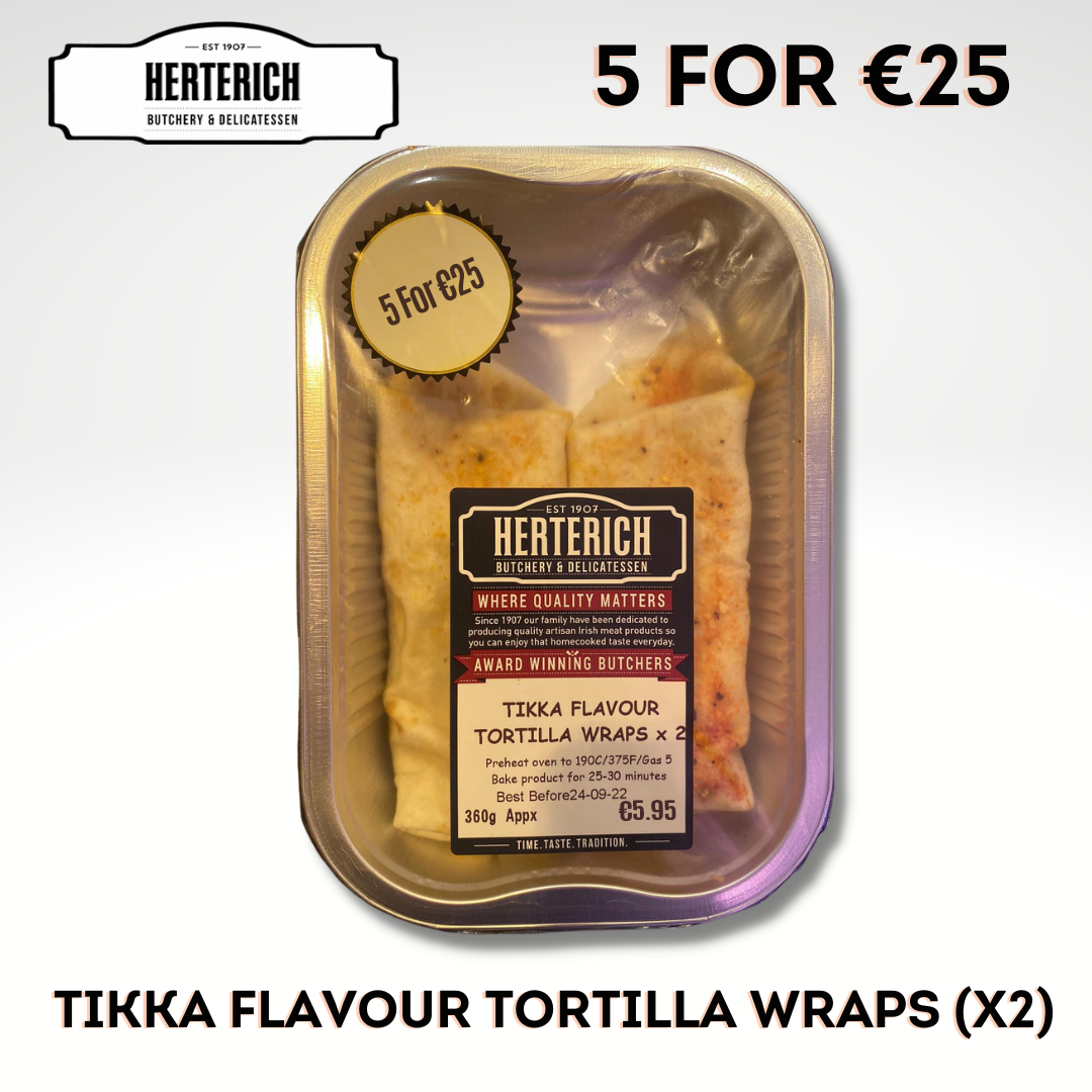 Packaging of Tikka Flavour Tortilla Wraps by Heterich, showing the product inside a clear plastic tray with branding and price information.