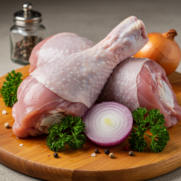 Fresh raw turkey leg drumsticks on a wooden board with red onion, parsley, and peppercorns.