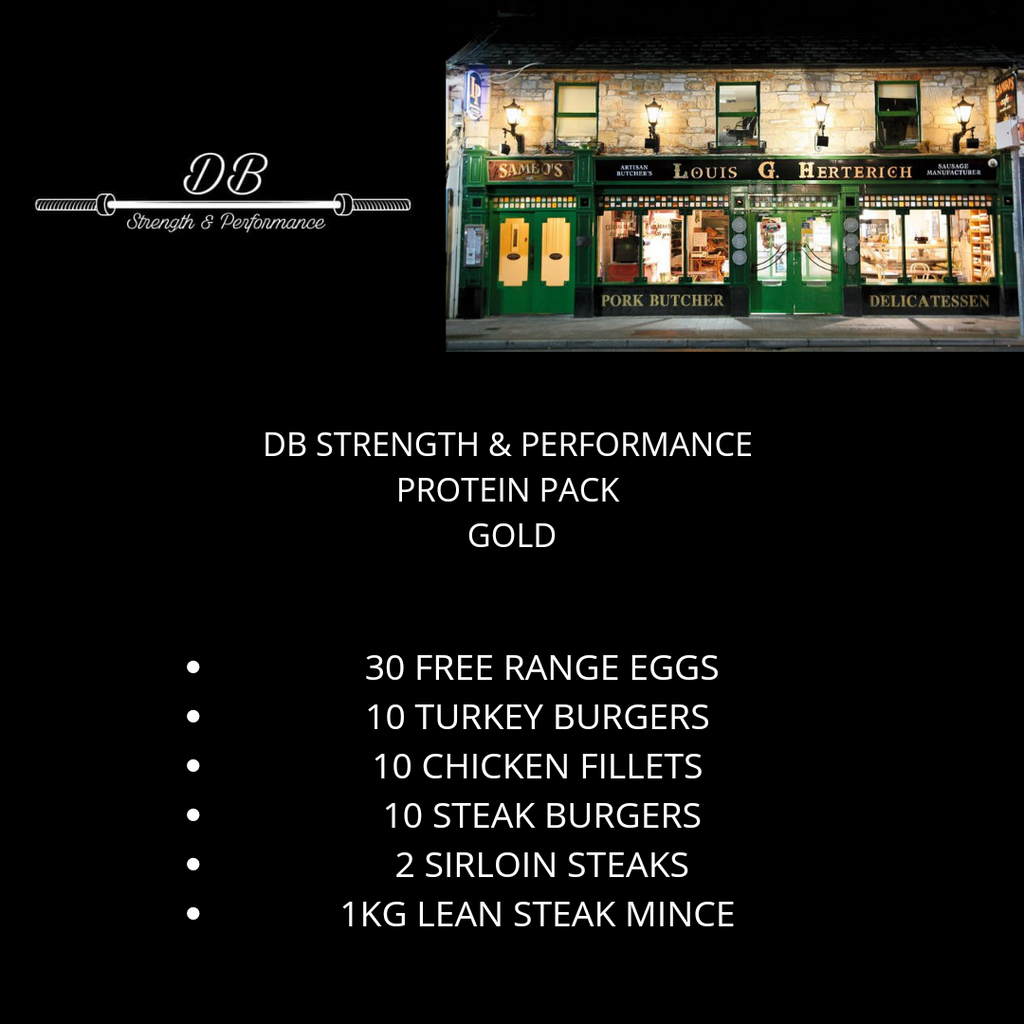 Product image for DB Strength & Performance Protein Pack Gold, displaying a list of included items such as eggs, turkey burgers, chicken fillets, steak burgers, striploin steaks, and lean steak mince.