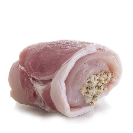 Raw Chicken Roulade, stuffed with herb and onion stuffing and wrapped in smoked bacon, from Herterich Meats.