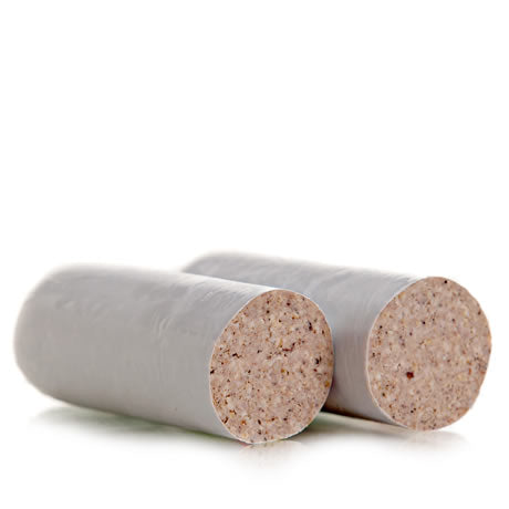 A 1kg stick of Herterich's raw handcrafted artisan White Pudding cut in half, a staple for a traditional Irish breakfast.