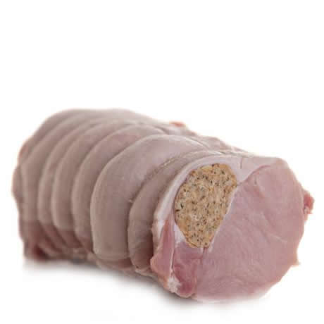 A raw stuffed pork fillet tied, ready to be roasted.