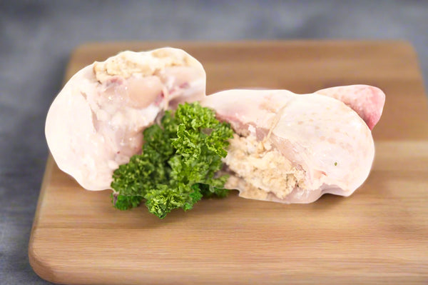 Raw Stuffed Irish Chicken Breasts (Pack of 2) with Homemade Stuffing, ready to cook.